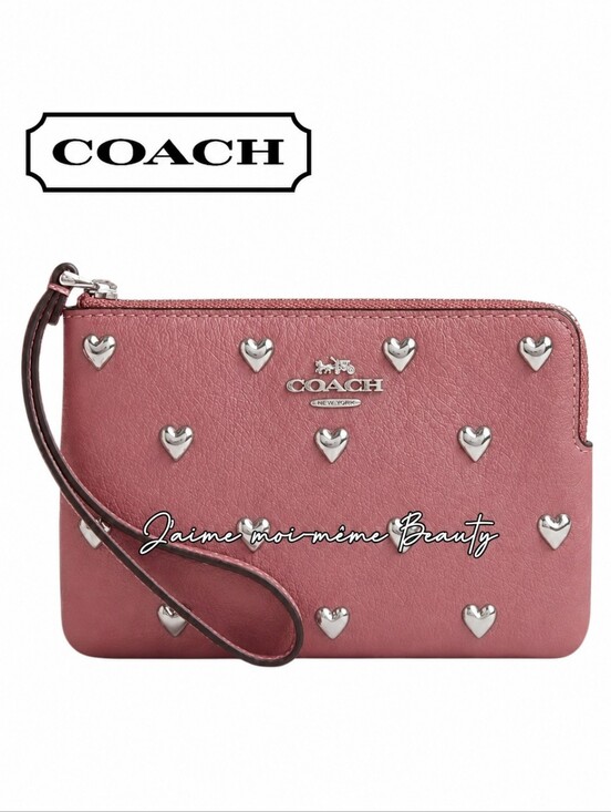 Coach Handbags - Coach Pink Wristlet with Silver Heart Studs Valentine'S 2026 NEW Factory Wrapped